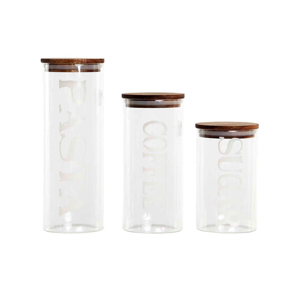 Set Di 3 Barattoli Dkd Home Decor 10,2 X 10,2 X 27,7 Cm Naturale Trasparente Acacia Lettere Vetro Borosilicato
