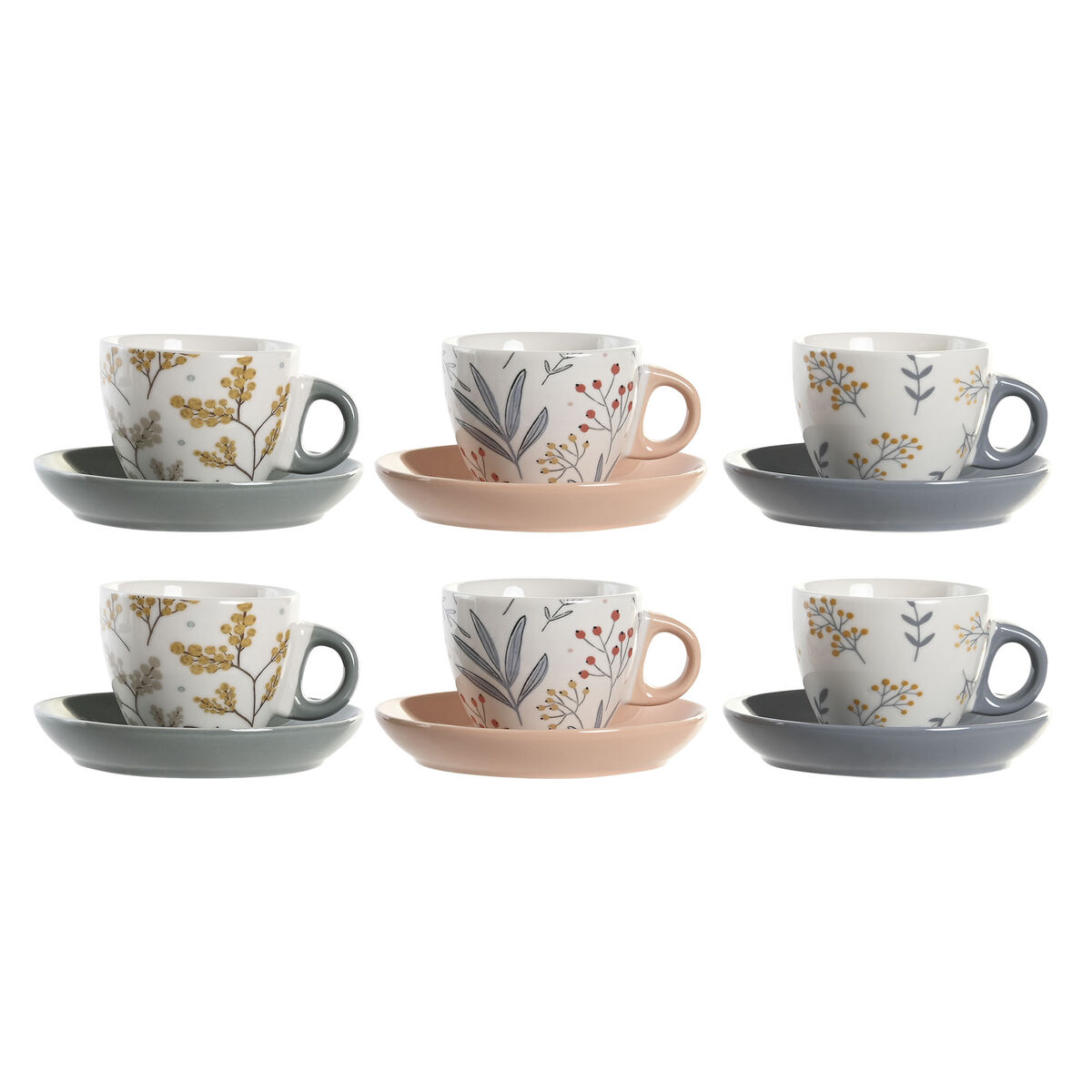 Set Di Tazze E Piatti Dkd Home Decor Azzurro Grigio Multicolore Rosa Chiaro Porcellana 90 Ml 11 X 11 X 2 Cm (3 Unità)