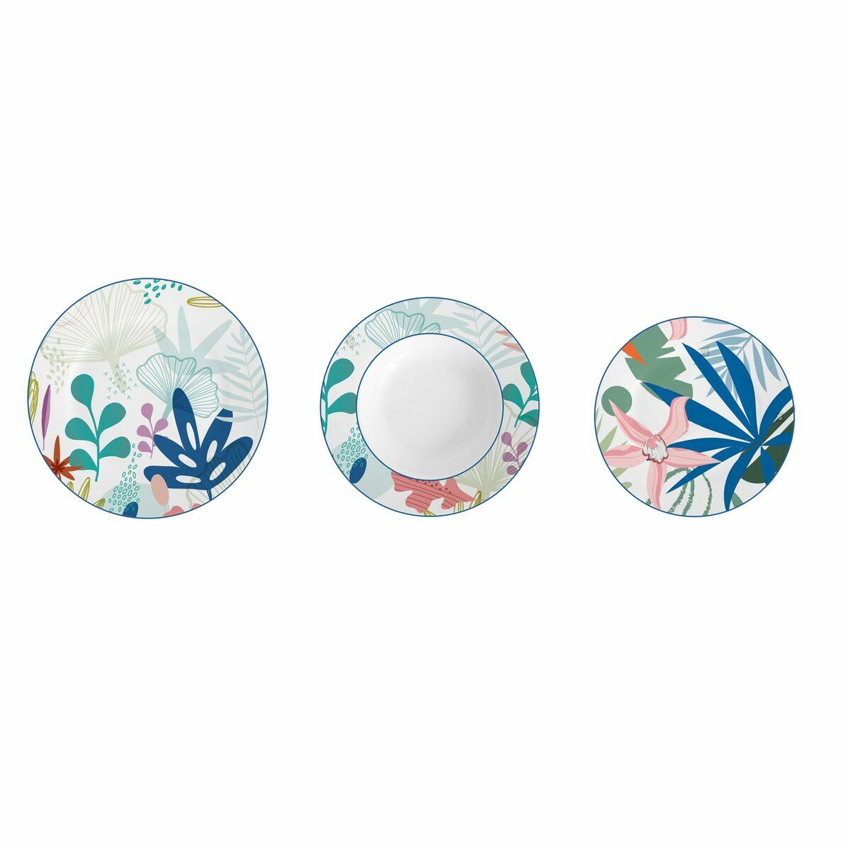 Set Di Stoviglie Dkd Home Decor Azzurro Verde Azzurri/ Verdi Porcellana Moderno Foglia Della Pianta 18 Pezzi