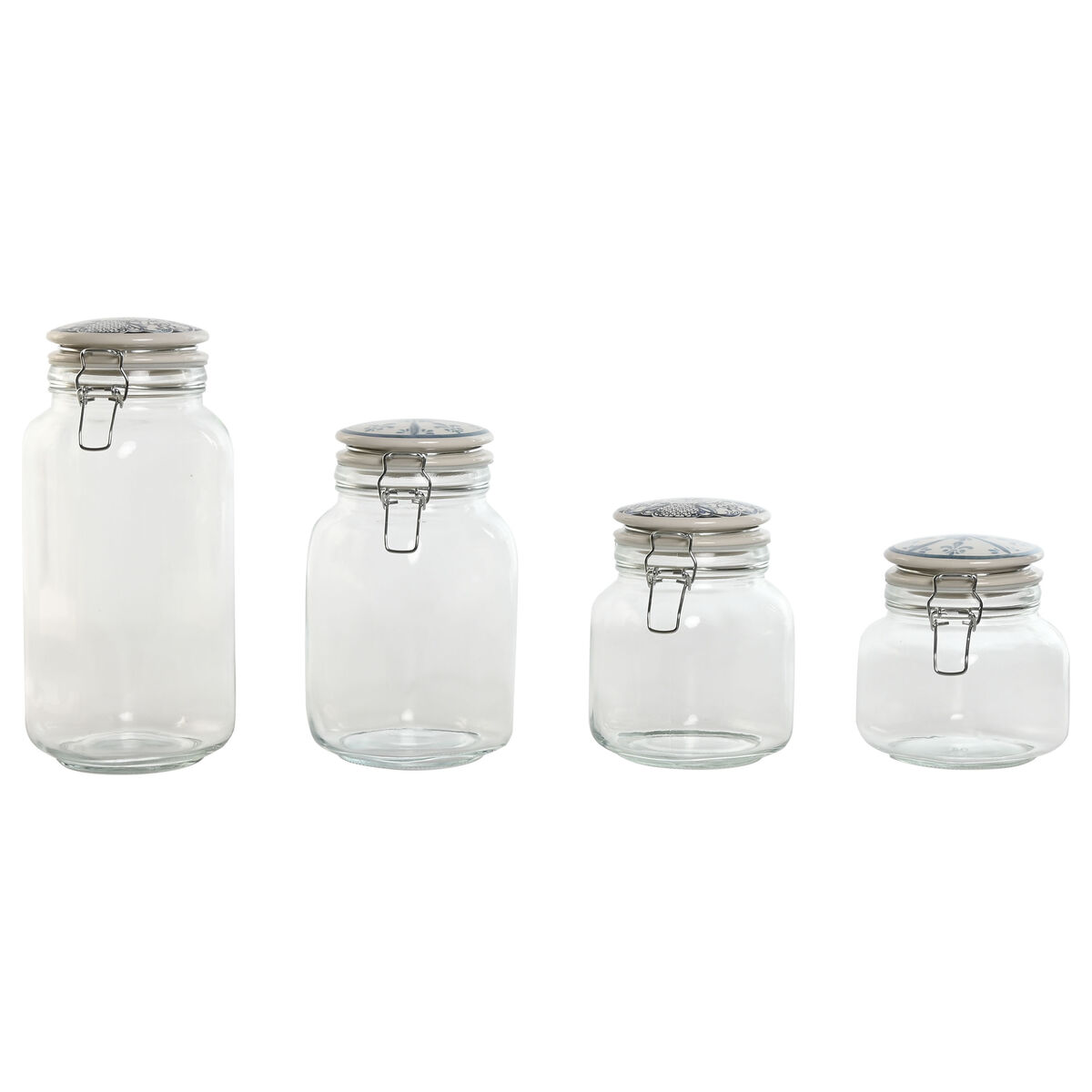 Set Di 4 Barattoli Home Esprit Azzurro Bianco Metallo Silicone Cristallo Gres 800 Ml 1 L 1,5 L 2,2 L 4 Pezzi