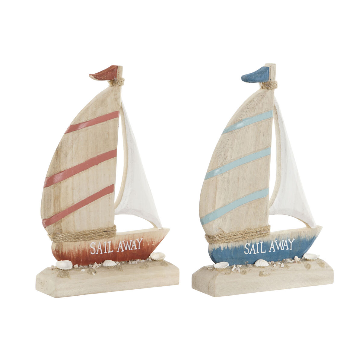Statua Decorativa Home Esprit Azzurro Rosso Naturale Barca A Vela 15 X 4,5 X 23,5 Cm (2 Unità)