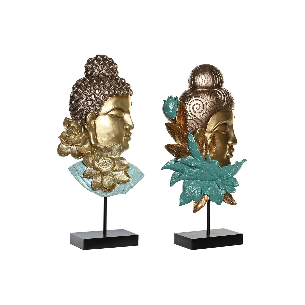 Statua Decorativa Dkd Home Decor 22 X 8 X 42,5 Cm Nero Dorato Buddha Turchese Orientale (2 Unità)