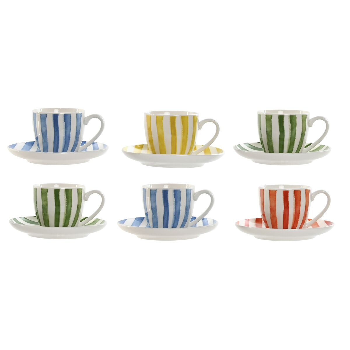 Set Di 6 Tazze Con Piatto Home Esprit Giallo Azzurro Verde Corallo Porcellana Righe Mediterraneo 90 ml