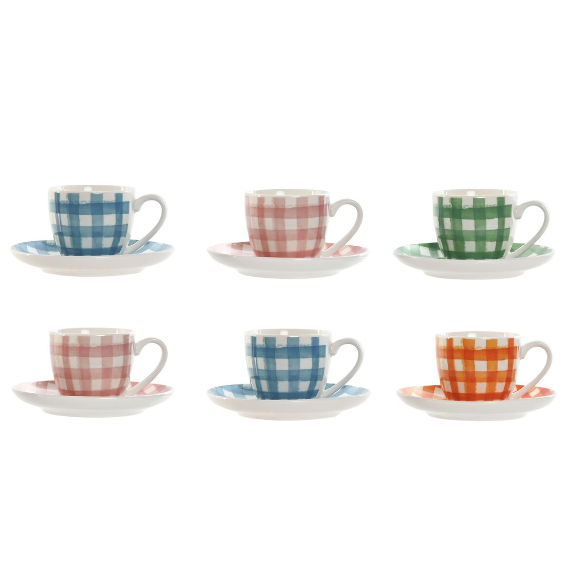 Set Di 6 Tazze Con Piatto Home Esprit Azzurro Bianco Verde Arancio Rosa Porcellana Righe Mediterraneo 90 ml