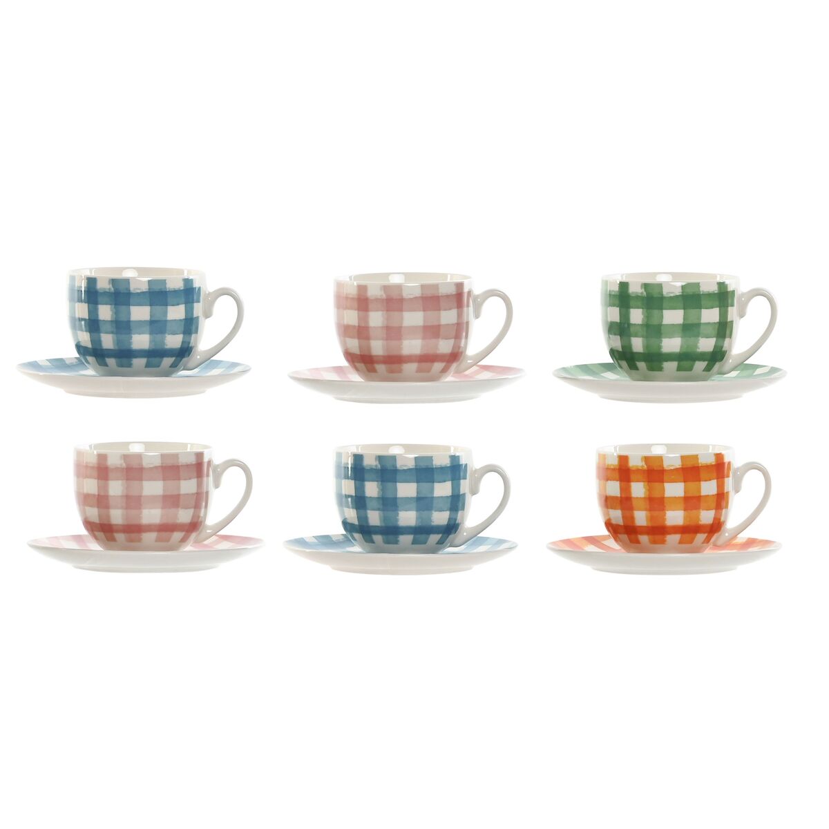 Set Di 6 Tazze Con Piatto Home Esprit Azzurro Verde Arancio Rosa Porcellana Righe Mediterraneo 240 ml