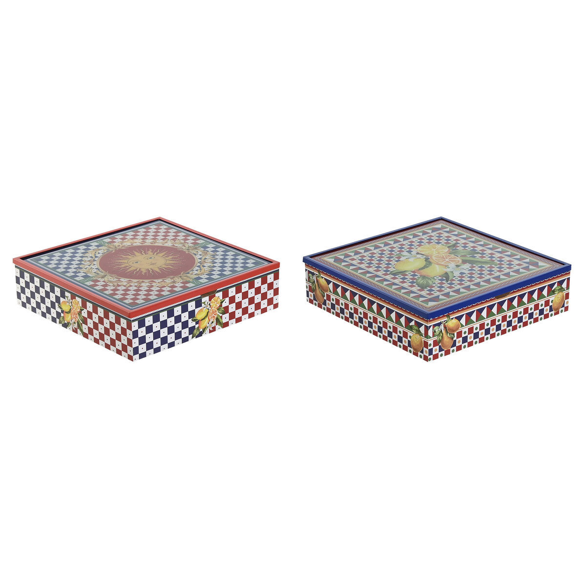 Scatola Per Infusioni Home Esprit Azzurro Rosso Multicolore Metallo Cristallo Legno Mdf 24 X 24 X 6,5 Cm (2 Unità)