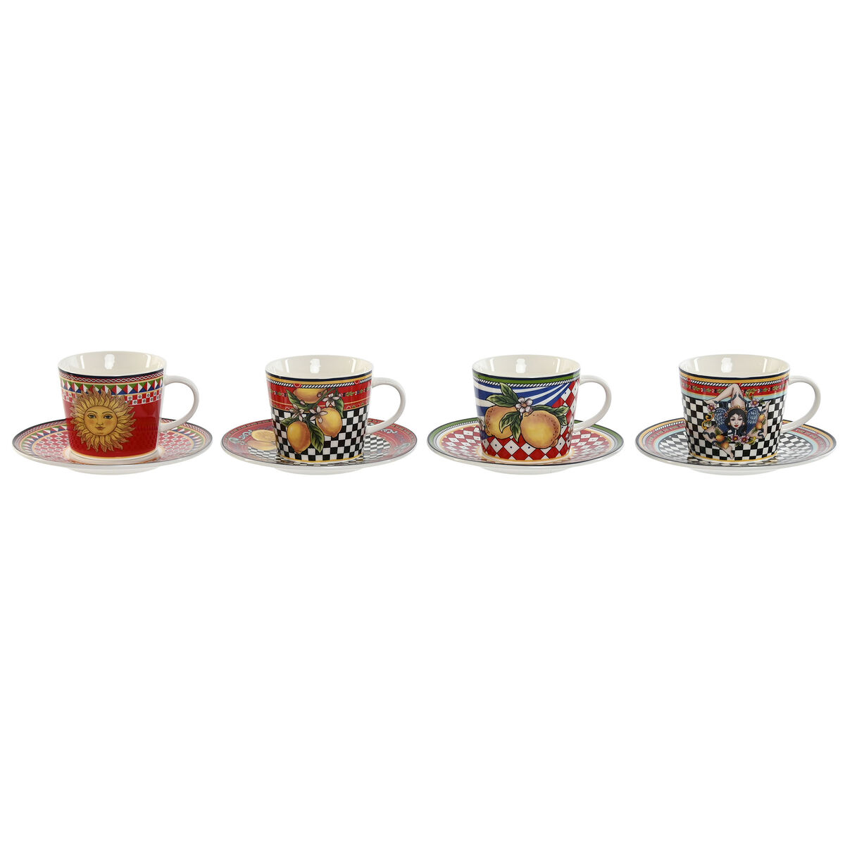 Set Di Tazze E Piatti Home Esprit Giallo Rosso Porcellana 220 Ml 15,6 X 15,6 X 1,7 Cm (4 Unità)