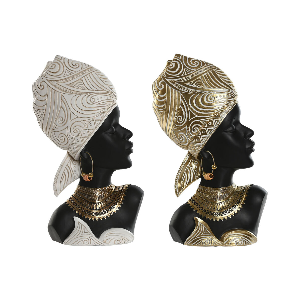 Statua Decorativa Home Esprit Bianco Nero Dorato Africana 22 X 11 X 37 Cm (2 Unità)