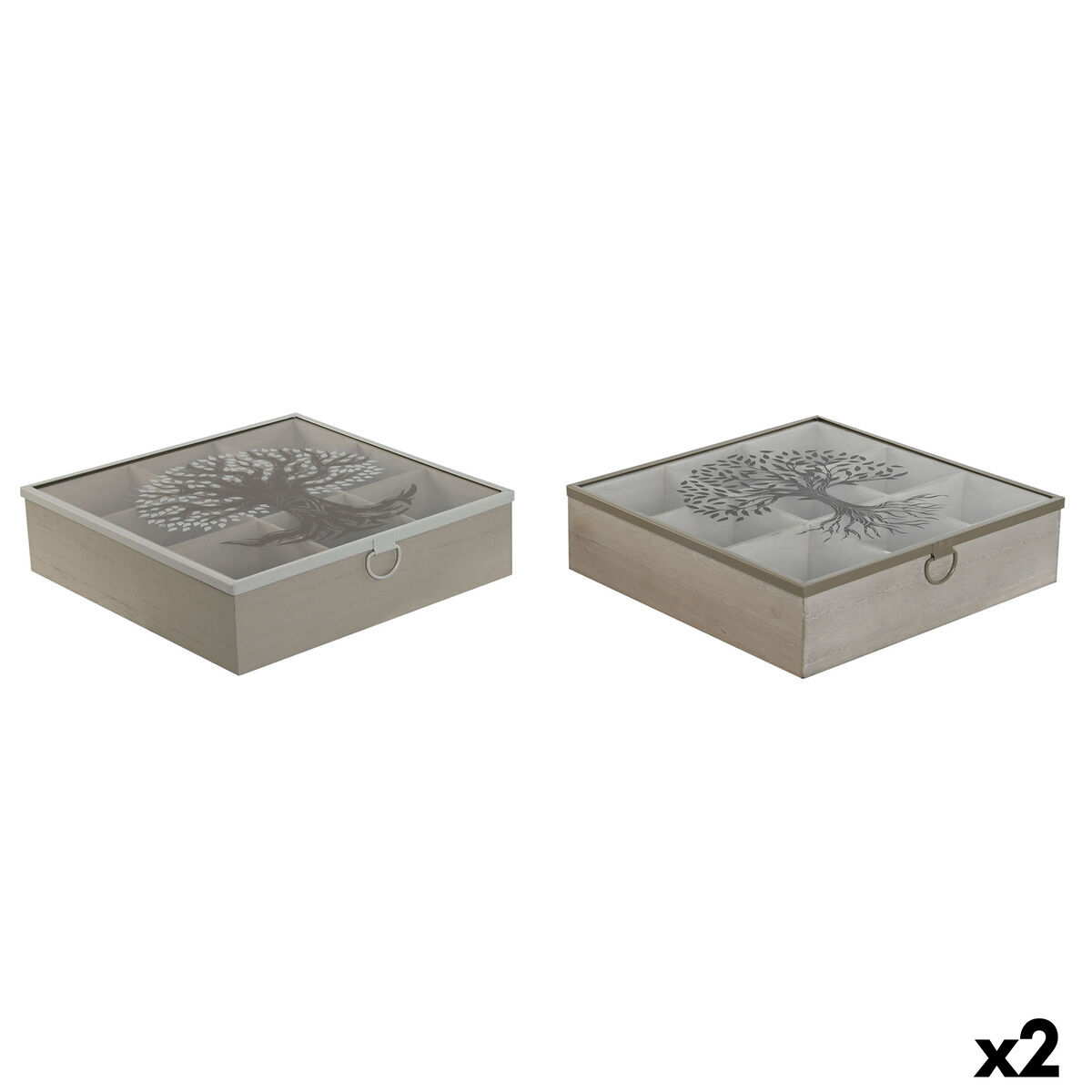 Scatola Per Infusioni Home Esprit Marrone Beige Metallo Cristallo Legno Mdf 24 X 24 X 6,5 Cm (2 Unità)