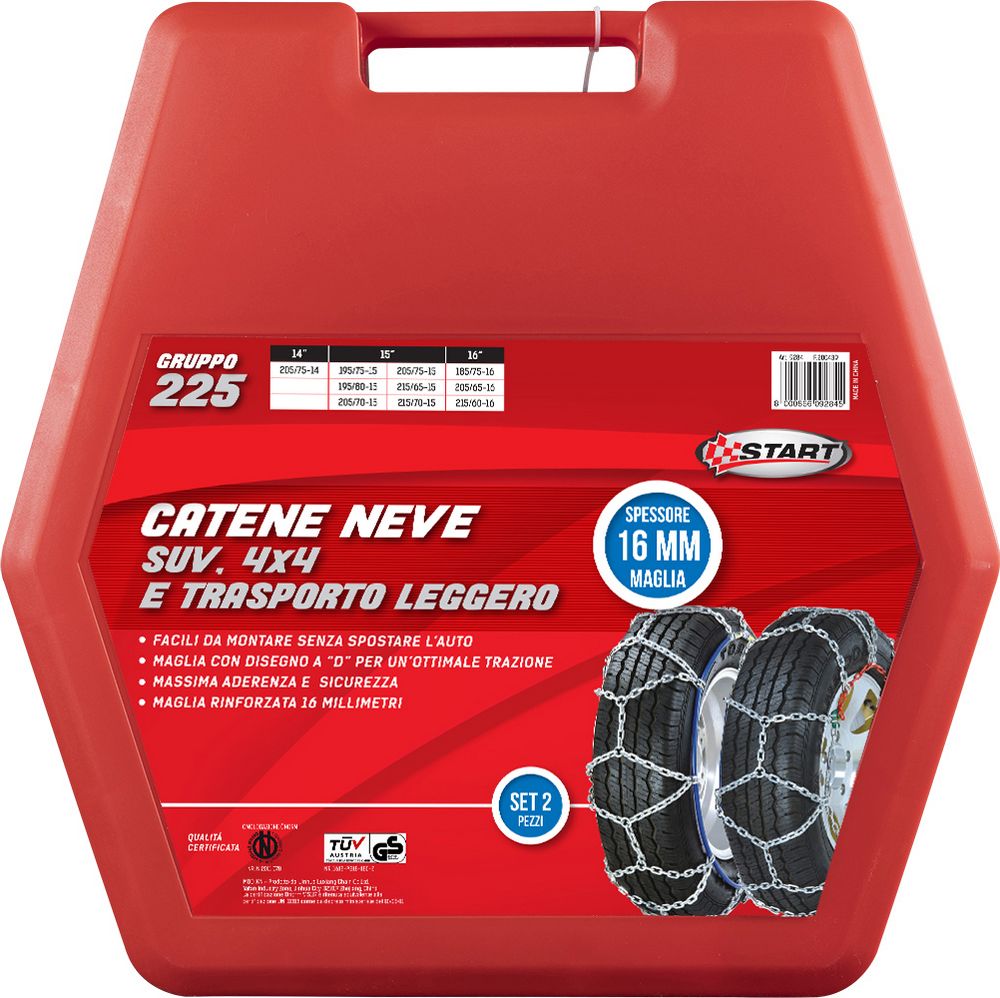 Set due pezzi catene da neve 16MM gruppo 225 per SUV 4x4 e trasporto leggero