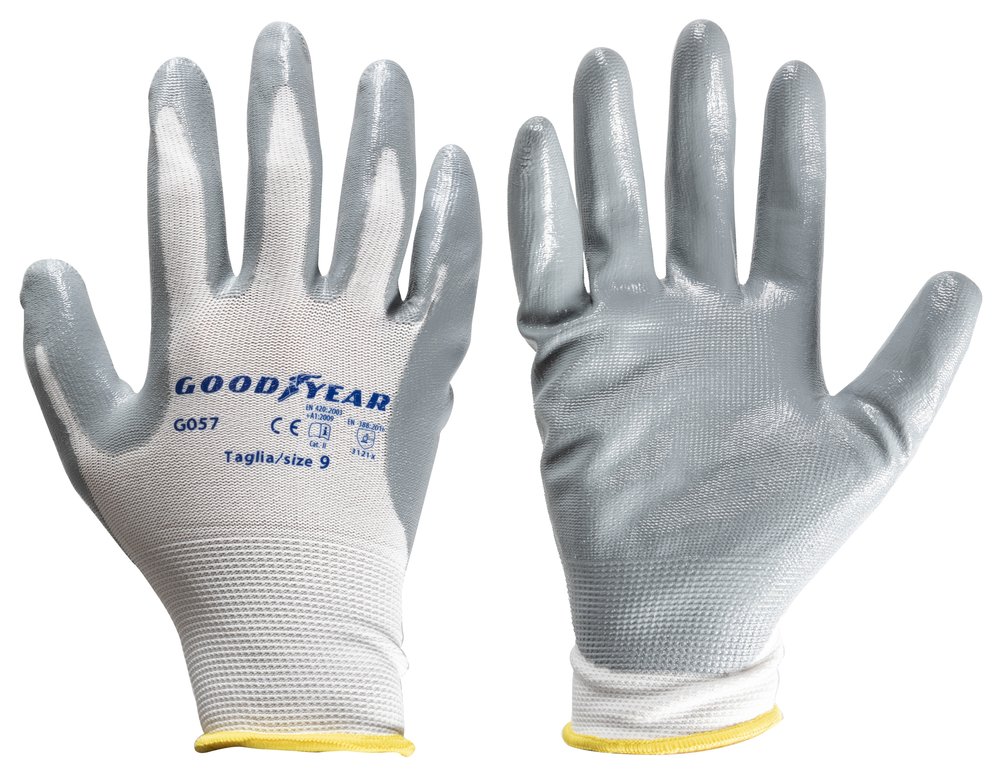 Goodyear guanti in nylon e nitrile taglia 9 colore bianco/grigio, guanti da lavoro