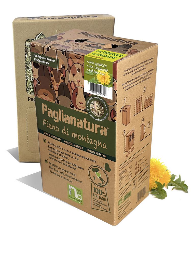 Dispenser di Fieno di Montagna con Tarassaco Naturale – Mangime Complementare per Conigli, Roditori e Piccoli Animali – 100% Naturale e Ricco di Fibre