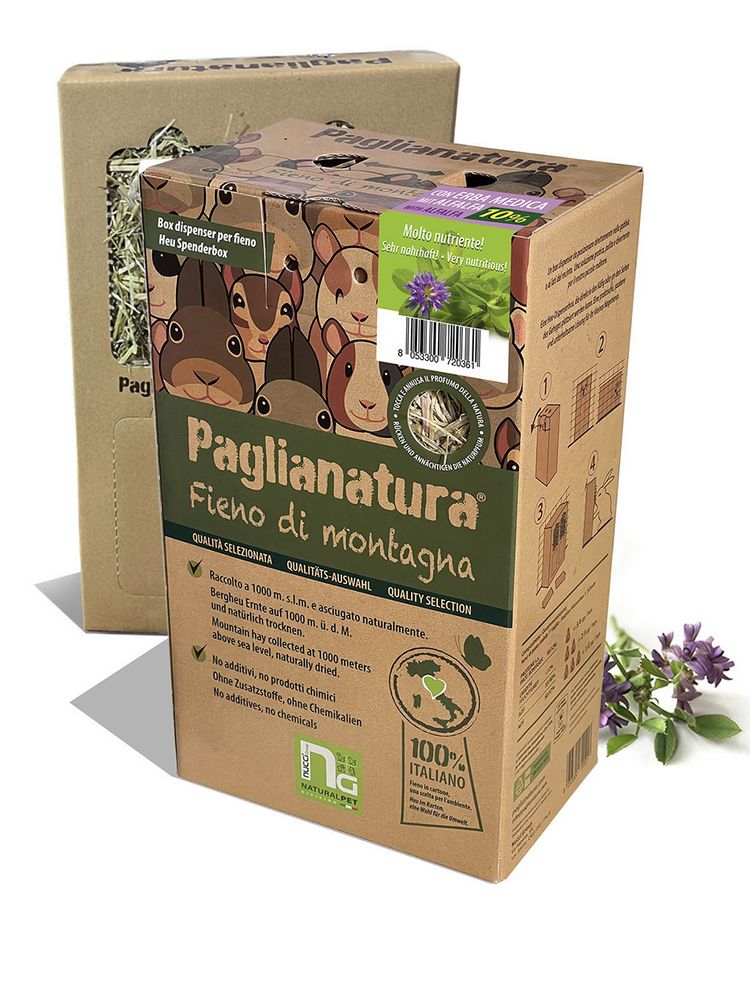 Paglianatura Dispenser Fieno Montagna 600gr con Alfalfa § Porta Fieno per Piccoli Animali § Facile da Usare e Pulire