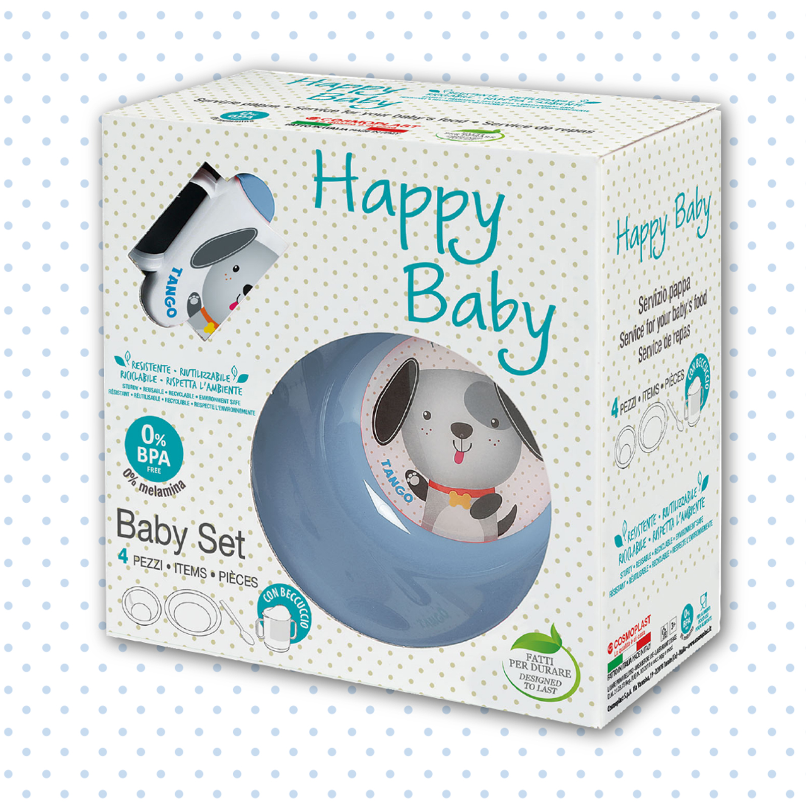 Set Pappa 4 Pezzi - Cagnolino Tango - colore azzurro. 0% BPA. 100% Made in Italy