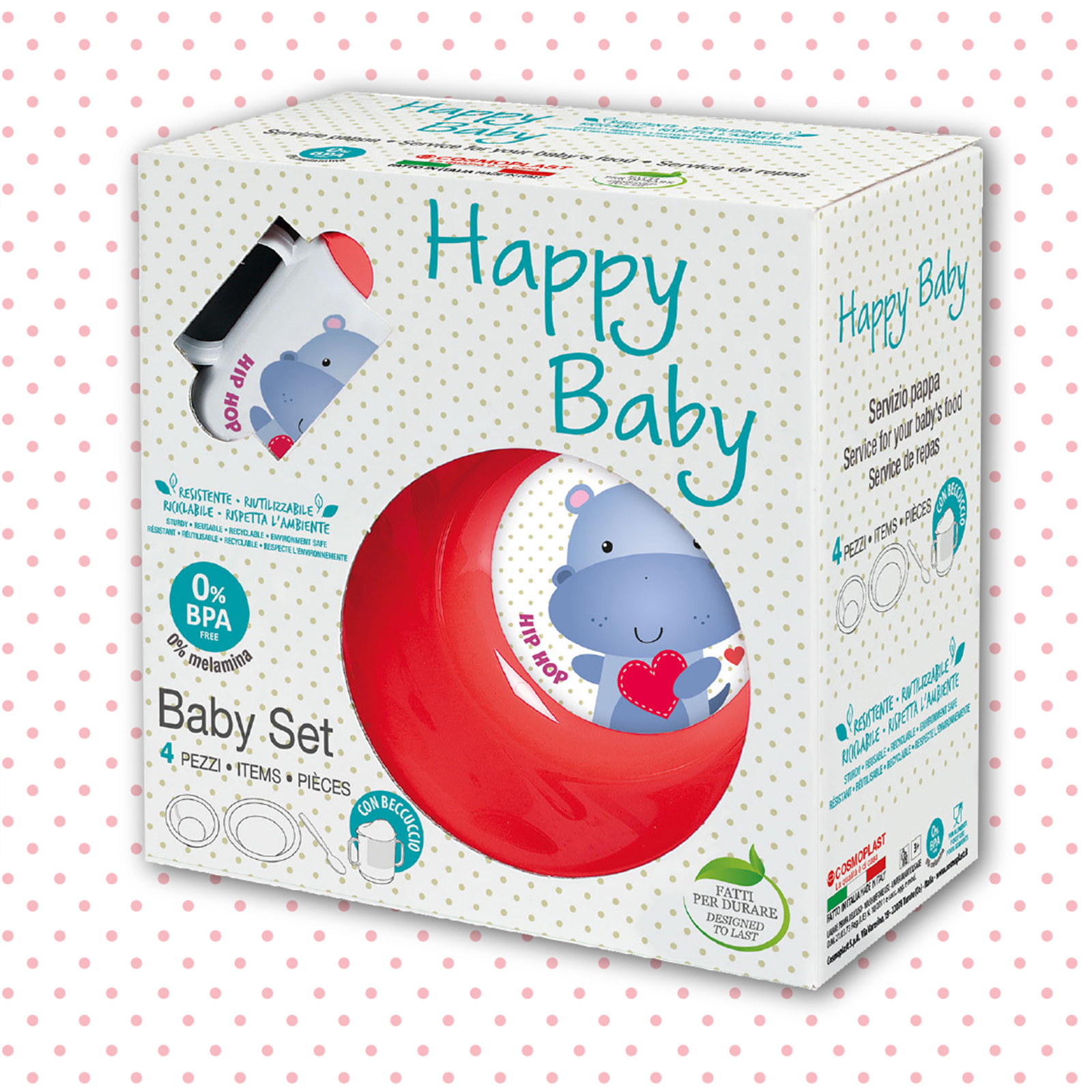 Cosmoplast Set Pappa 4 Pezzi - Ippopotamina Hip Hop - colore rosa corallo. 0% BPA. 100% Made in Italy