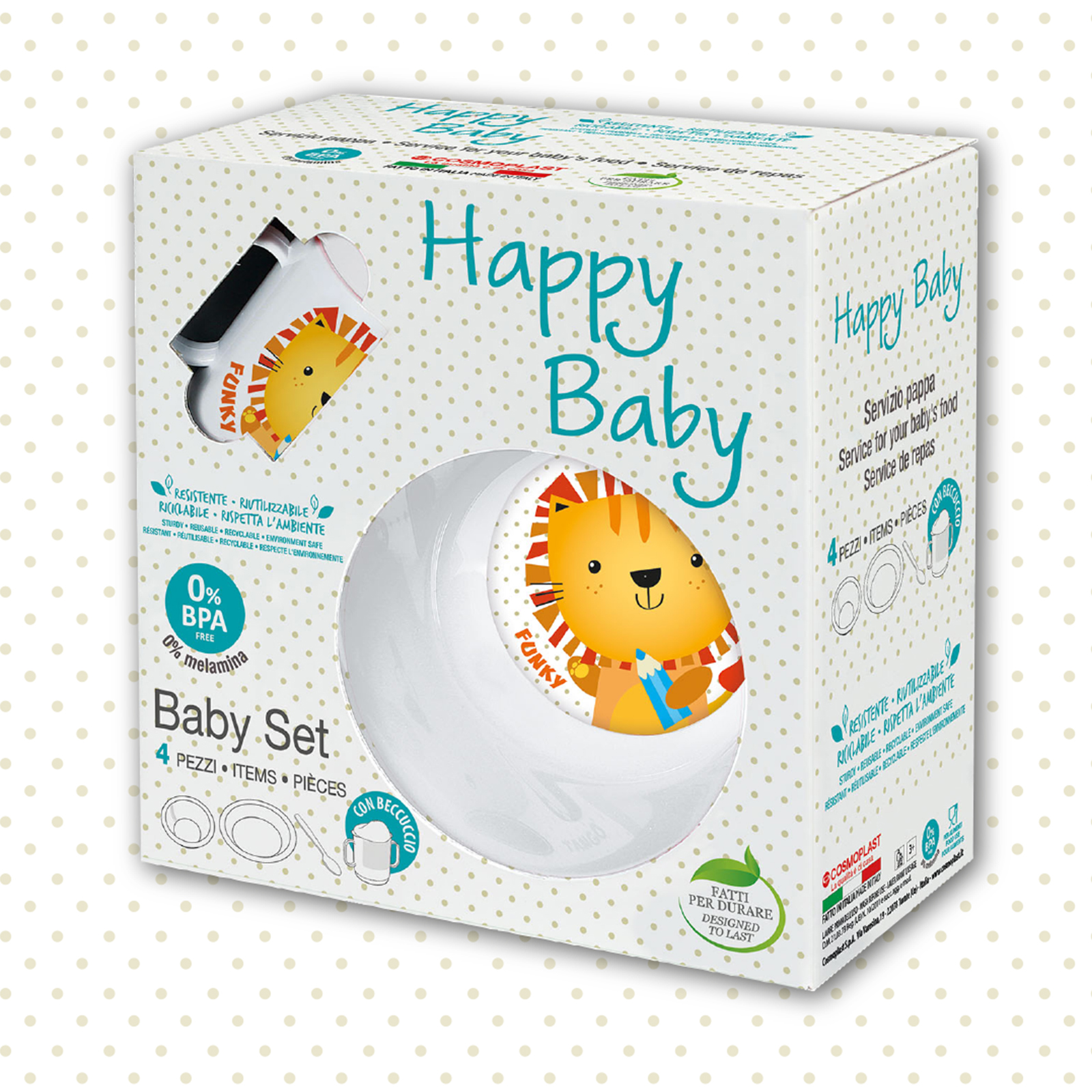 Set Pappa 4 Pezzi - Leoncino Funky - colore bianco. 0% BPA. 100% Made in Italy