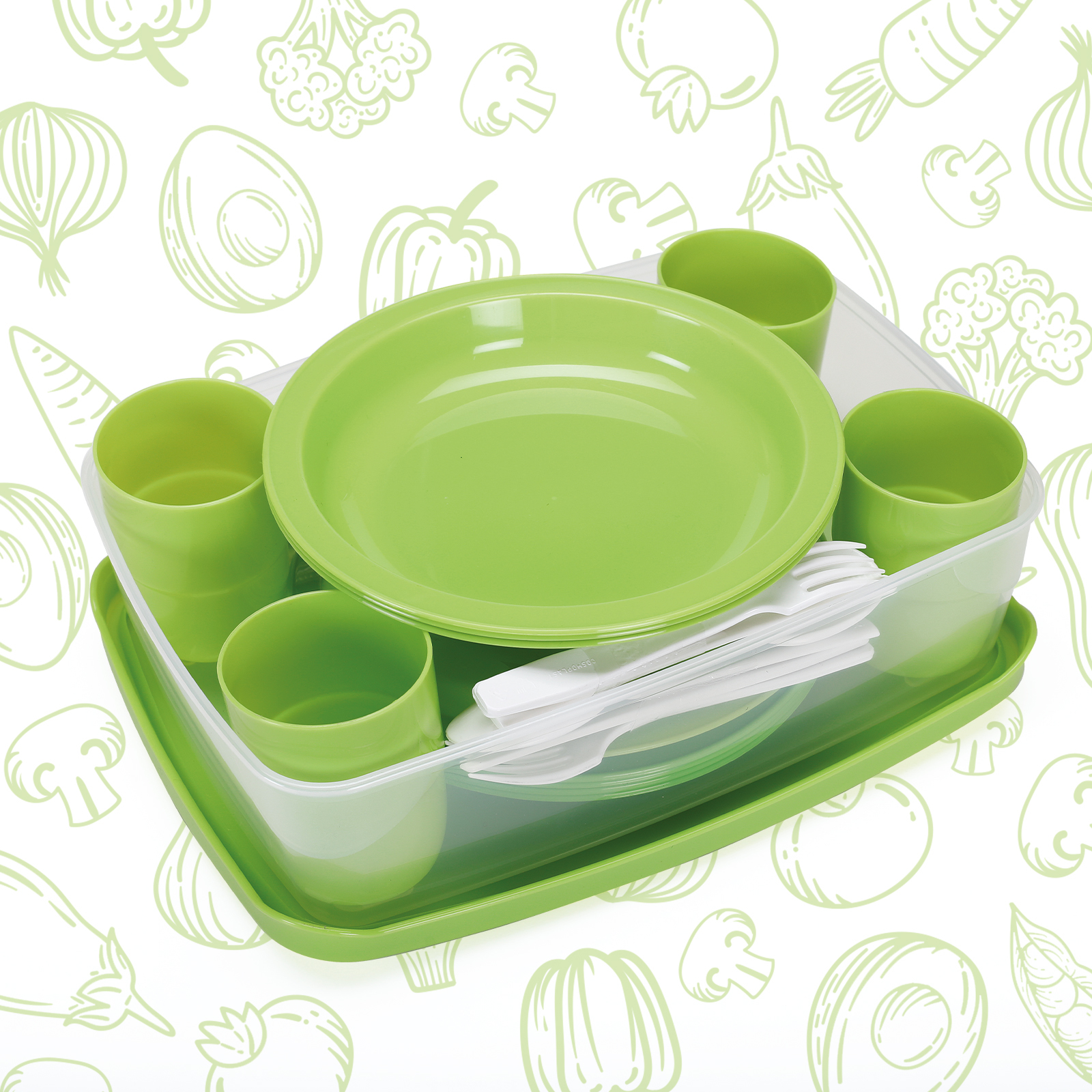 Set picnic stoviglie per 4 persone - 25 pezzi - riutilizzabile, infrangibile - Campeggio e Feste - 100% Made in Italy - 0% BPA