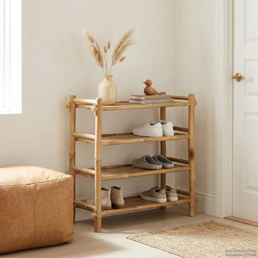 Scarpiera Con Lo Scaffale Naturale 4 Ripiani Bambù