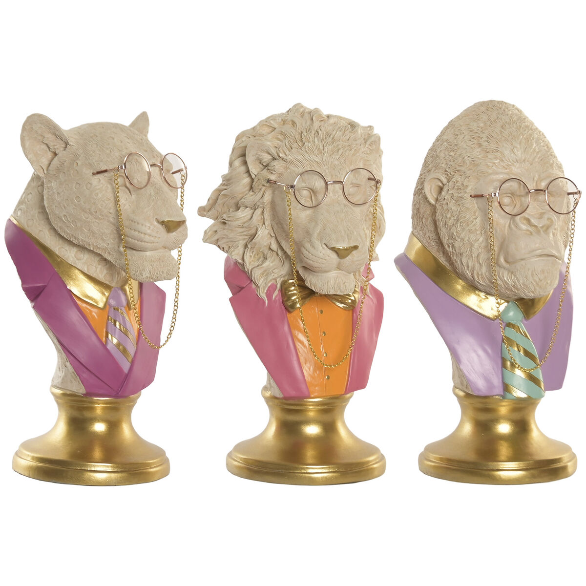 Statua Decorativa Home Esprit Bianco Multicolore Dorato Tigre Leone Gorilla (3 Unità)