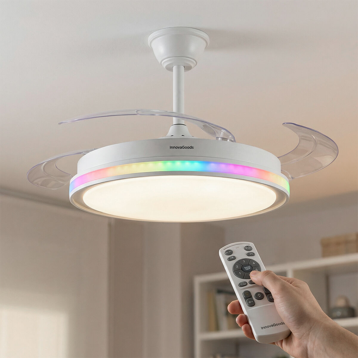 Ventilatore Da Soffitto Con Luce Led Rgb, 4 Pale Retrattili E Telecomando Innovagoods