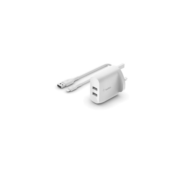 Belkin WCD001MY1MWH Caricabatterie per dispositivi mobili Universale Bianco AC Interno (DUAL USBA WALLCHRG/USBA/LIGHTNG WHT)