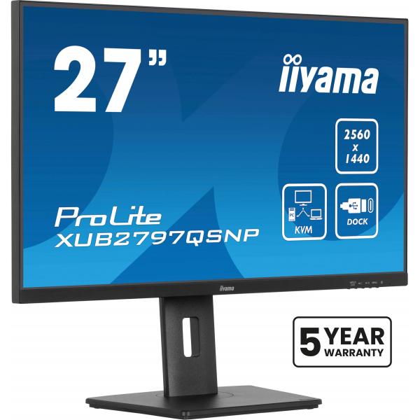 iiyama ProLite XUB2797QSNP-B1 Monitor PC 68,6 cm [27] 2560 x 1440 Pixel Quad HD LED Nero (27 IPS, 2560x1440, 15cm - Height Adj. Stand, USB-C - Dock,1ms,300cd/m?,Speakers,USB-C, ,KVM, HDMI, DisplayPor