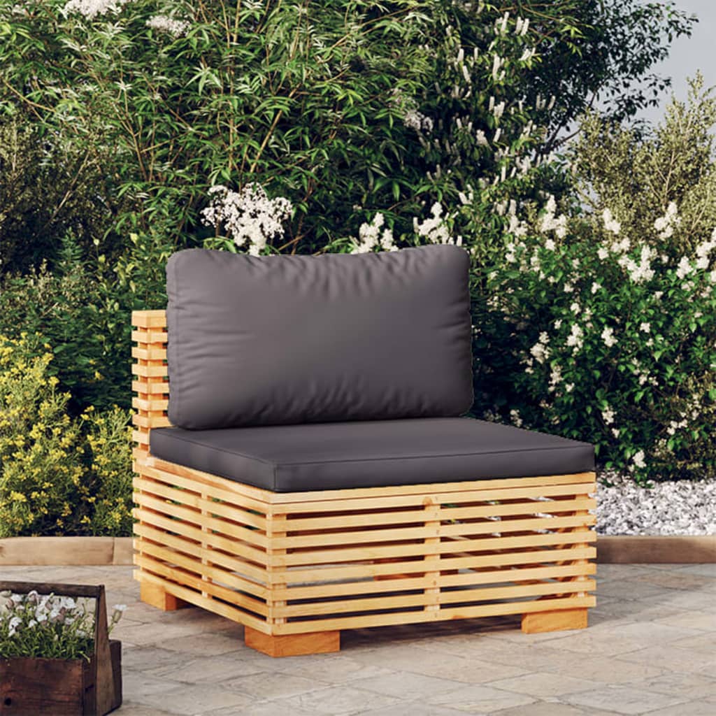 Divano Centrale Giardino Cuscini Grigio Scuro Massello Di Teak