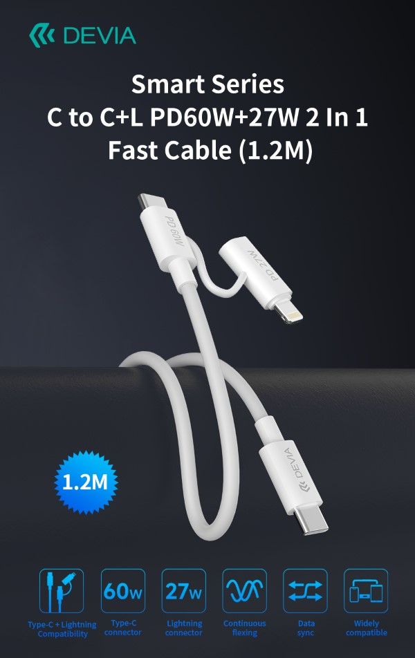 Cavo carica rapida da C a C + Lightning PD 60W 3A 1,2 Metri Nero