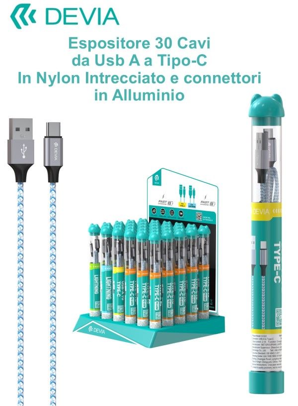 Espositore 30 cavi da Usb-A a Tipo-C in corda intrecciata