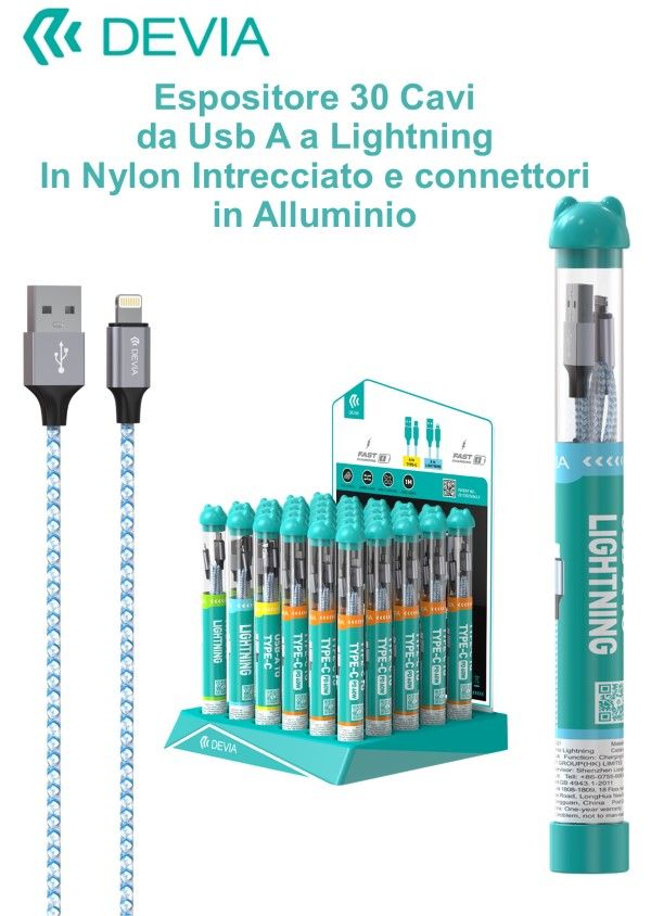 Espositore 30 cavi da Usb A a Lightning in corda intrecciata