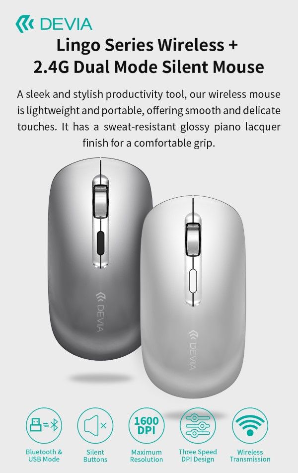 Mouse wireless con DPI regolabile 2.4G + Bluetooth Dual mode Silver