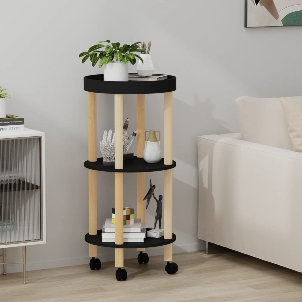 Carrello 3 Ripiani Nero 38x38x82 Cm In Legno Multistrato E Pino
