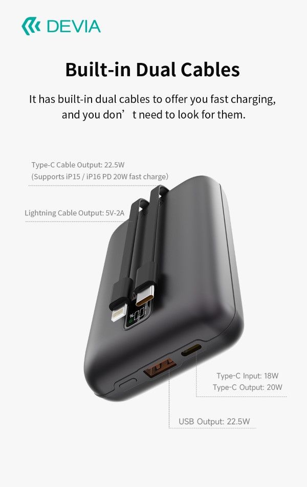 MINI Power Bank Ultra4 da 22,5 W Con 2 cavi integrati 20000 mAh Grigio