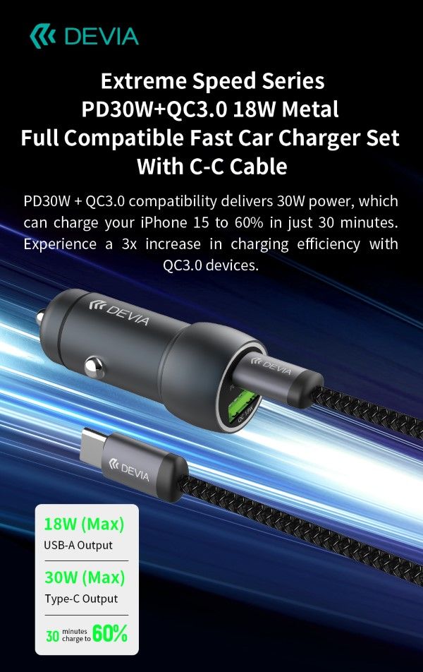 Caricabatterie per auto Super veloce ??Serie PD30W+QC3.0-18 W con cavo C-C