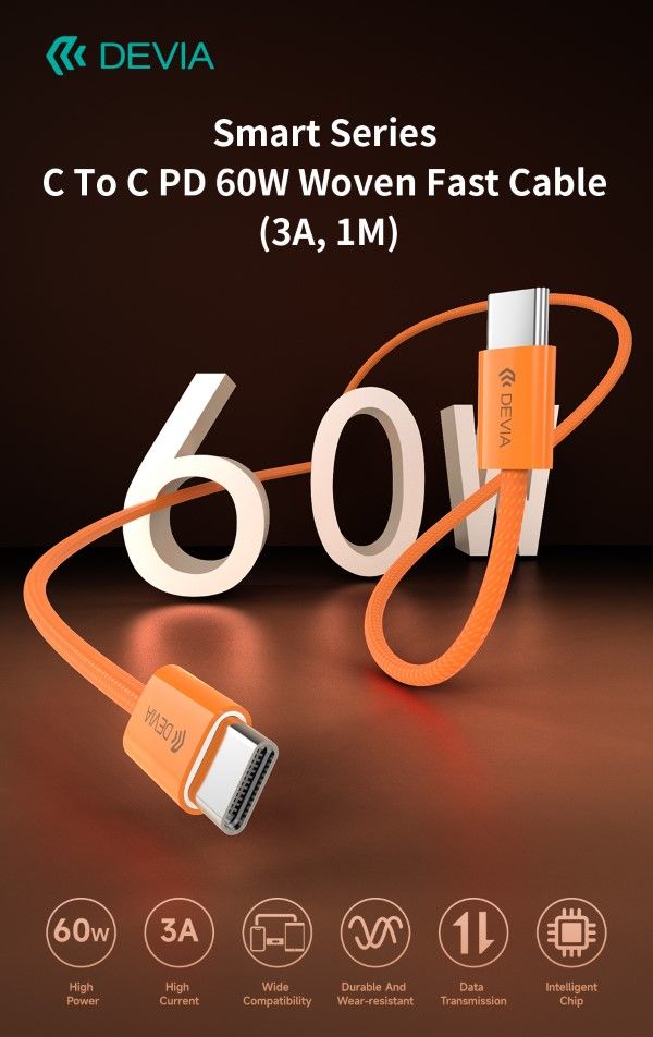 Cavo USB-C a USB-C Smart Series PD 60W Intrecciato Fast Charge (3A, 1m) Arancio