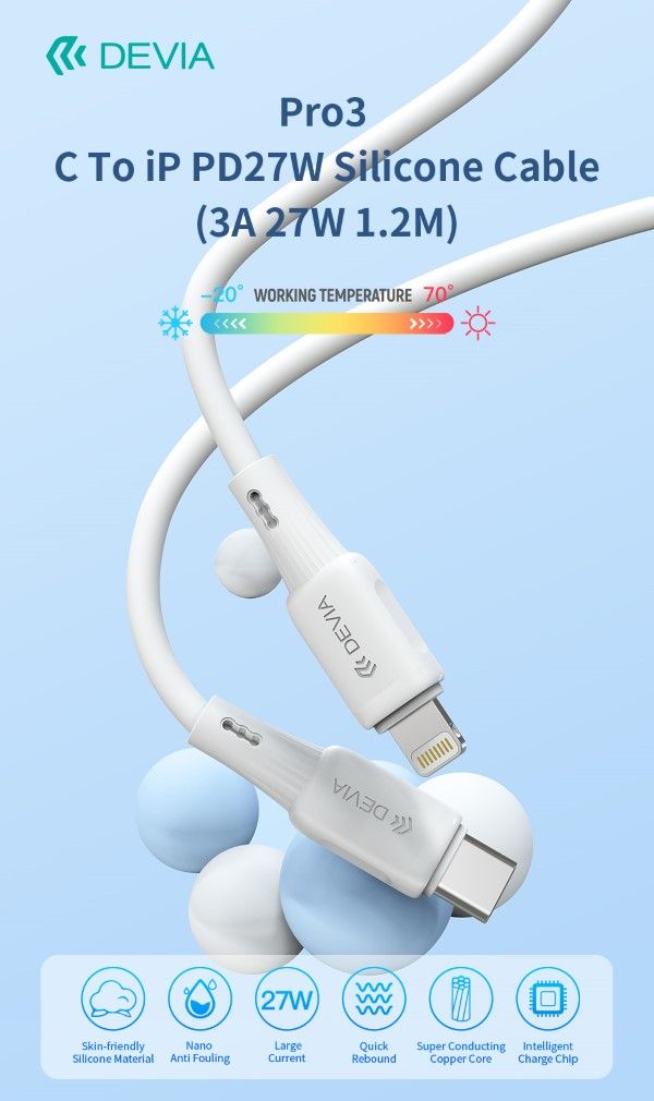 Cavo in silicone Pro3 da Tipo C a Lightning PD27W 3A 37W 1,2M Bianco