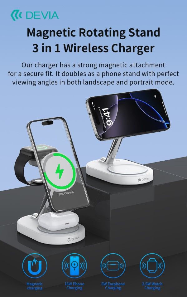 Supporto Magnetico e carica wireless 15 Watt per smartphone apple watch e AirPods