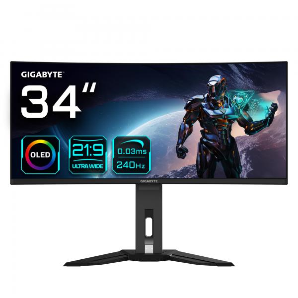 GIGABYTE Monitor da gioco curvo OLED WQHD MO34WQC2 da 34 - 3440 x 1440, 240Hz, 0.03ms, KVM, 250 cd/m², FreeSync Premium Pro, DisplayHDR True Black 400, HDMI 2.1, Displayport 1.4 (GIGABYTE 34 VA MONIT
