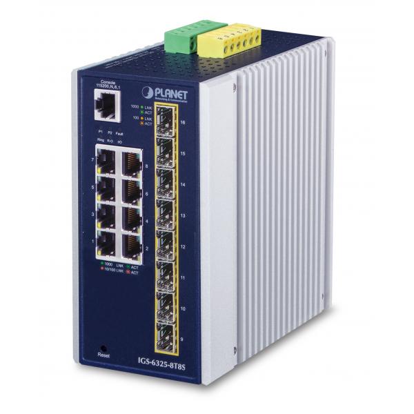PLANET IP30 Industrial L3 8-Port Gestito Gigabit Ethernet [10/100/1000] Blu, Bianco (IP30 Industrial L3 8-Port - 10/100/1000T - + 8-port 100/1000X SFP Full Managed Switch - Warranty: 60M)