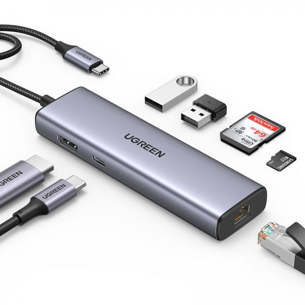 Ugreen USB-C to 2*USB3.0+HDMI+RJ 45+SD&TF+PD port Hub (HUB USB Ugreen Adapter Hub UGREEN, USB)