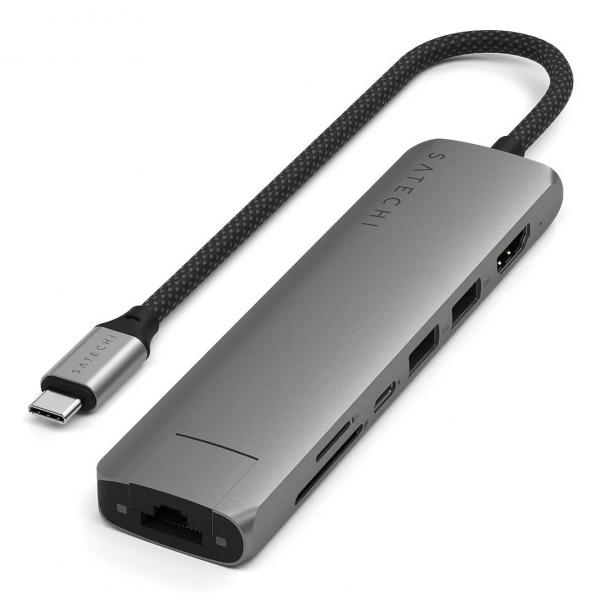 Satechi ST-P7SM hub di interfaccia USB tipo-C 10000 Mbit/s Grigio (Satechi 7-in-1 USB-C Ethernet Space Grey)