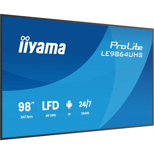 iiyama LE9864UHS-B1AG visualizzatore di messaggi Pannello piatto per segnaletica digitale 2,49 m [98] Wi-Fi 500 cd/m² 4K Ultra HD Nero Processore integrato Android 24/7 (iiyama ProLite LE9864UHS-B1AG