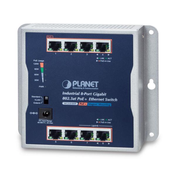 PLANET IP30 Industrial 8-Port Non gestito Gigabit Ethernet [10/100/1000] Supporto Power over Ethernet [PoE] Grigio (IP30 Industrial 8-Port - 10/100/1000T 802.3at PoE+ - Wall-mount Gigabit Switch 54V