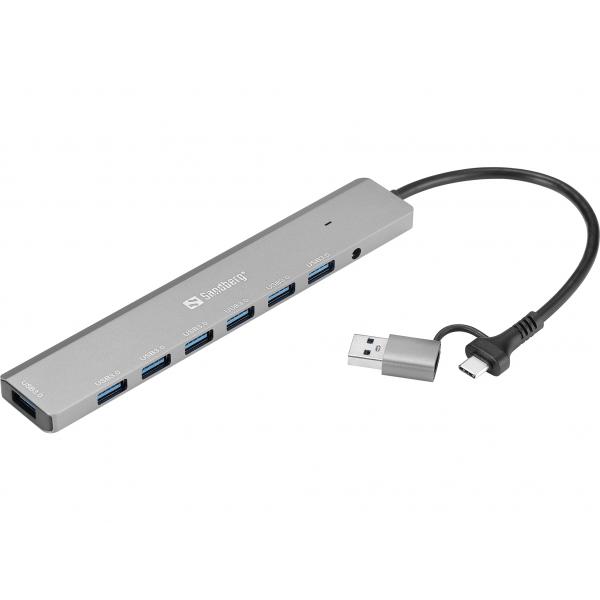 Sandberg 136-66 hub di interfaccia USB 3.2 Gen 1 [3.1 Gen 1] Type-A + Type-C 5000 Mbit/s (USB-C/A to 7 x USB 3.0 Hub)