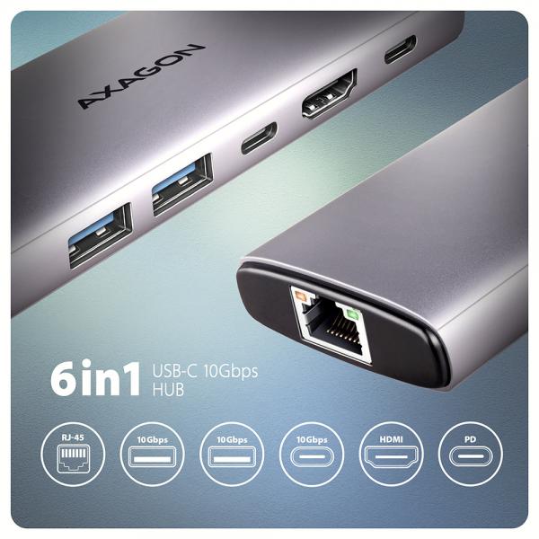 Axagon HMC-6G2L replicatore di porte e docking station per laptop Cablato USB 3.2 Gen 2 [3.1 Gen 2] Type-C Alluminio (*HMC-6L2L 2xUSB-A HDMI4K 1x USB-C PD10)