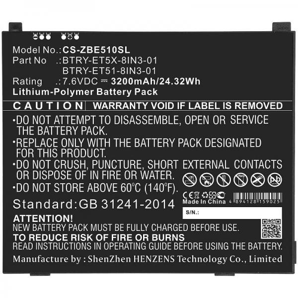CoreParts MBXTAB-BA147 ricambio e accessorio per tablet (Battery 24.32Wh Li-Pol 7.6V - 3200mAh Black for Zebra - Tablet 24.32Wh Li-Pol 7.6V 3200mAh Black for Zebra Tablet ET51, ET51 Windows - Warrant