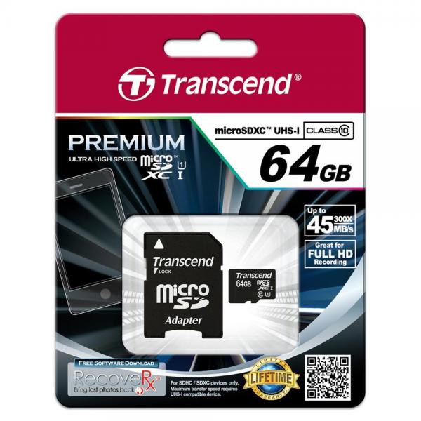 Transcend TS64GUSDU1 memoria flash 64 GB MicroSDXC MLC Classe 10 (SDHC Micro UHS-1 64GB Class 10 - Incl. Adapter for SD format - Warranty: 24M)