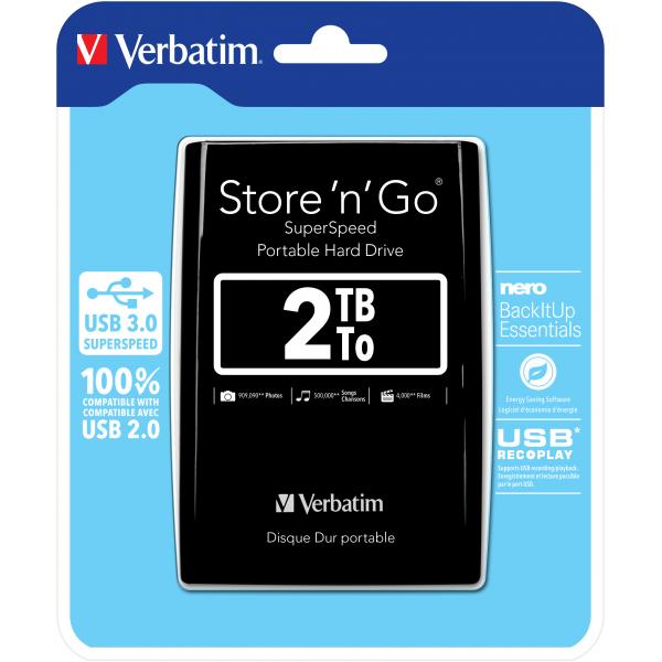 Verbatim Disco rigido portatile Store 'n' Go USB 3.0 da 2 TB Nero (External HD 2 TB USB - Store 'n' Go, 2048 GB, 3.2 - Gen 1 [3.1 Gen 1], 5400 RPM, Black - Warranty: 24M)