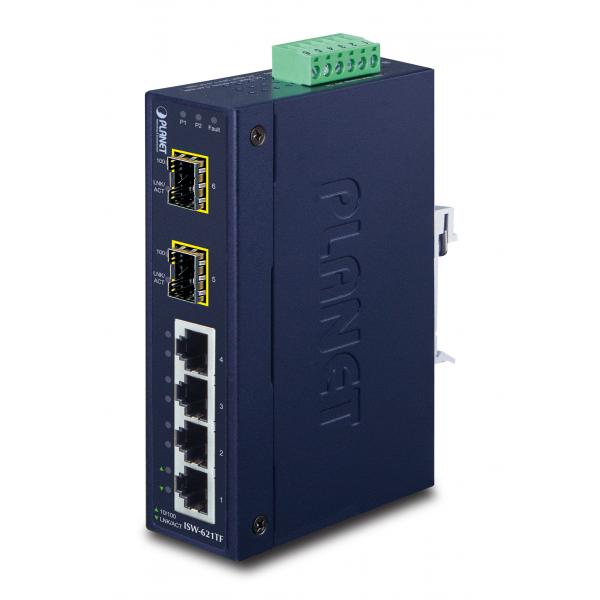 PLANET ISW-621TF switch di rete Non gestito L2 Fast Ethernet [10/100] Blu (IP30 Slim Type 4-P Industrial - Ethernet Switch + 2-Port - SFP Fiber [-40 - 75 C] - Warranty: 60M)