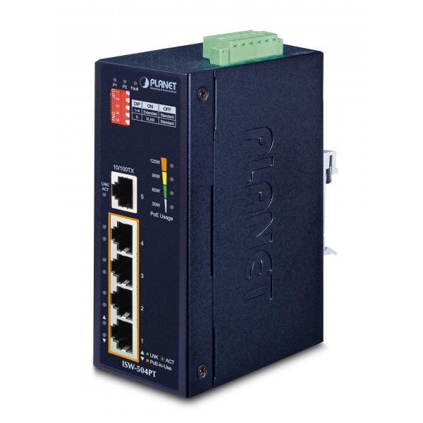 PLANET ISW-504PT switch di rete Non gestito L2 Fast Ethernet [10/100] Supporto Power over Ethernet [PoE] Nero (IP30 5-Port/TP POE+ Industrial - Fast Ethernet Switch [-40-75C] - Warranty: 60M)